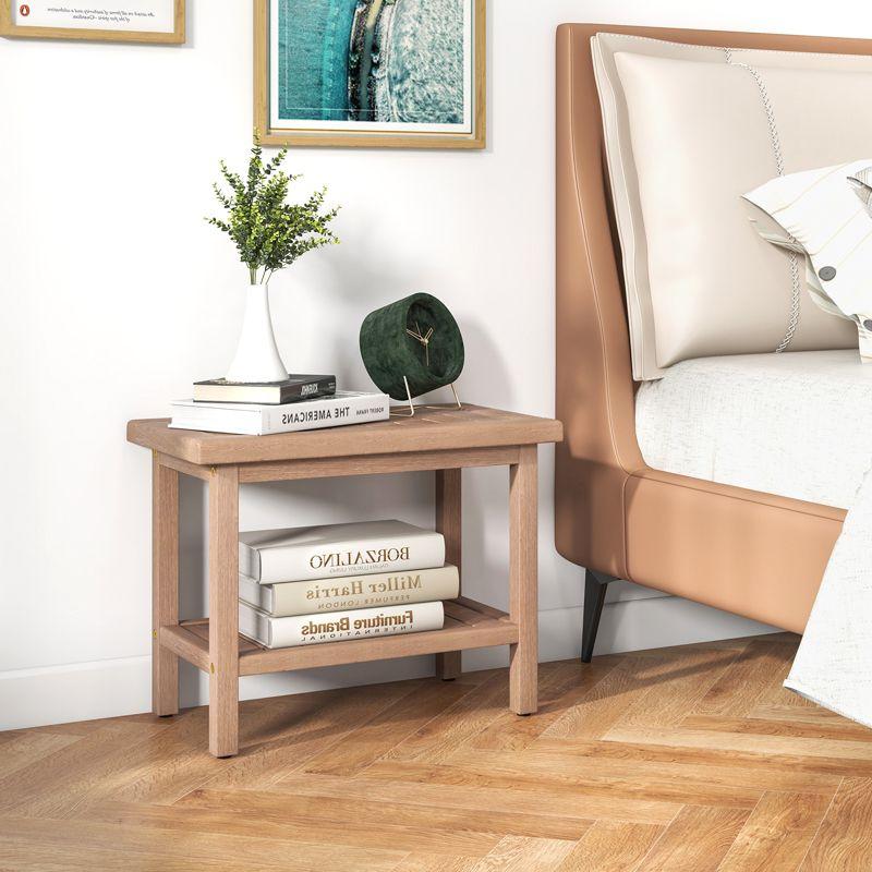 Costway 21'' Indonesia Teak Wood Shower Bench 2-Tier Waterproof Bath Spa Stool with Storage Shelf