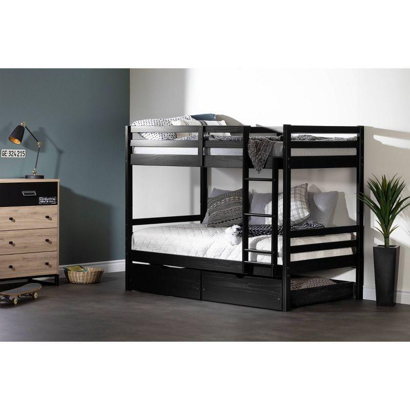 Matte Black Twin Bunk Bed with Pine Frame and Storage Drawers