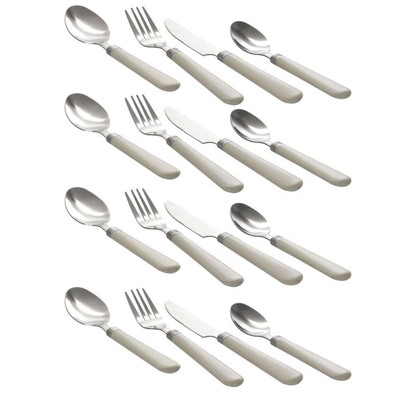 Gibson Sensations II 16 Piece Stainless Steel Flatware Set with White Handles and Chrome Caddy