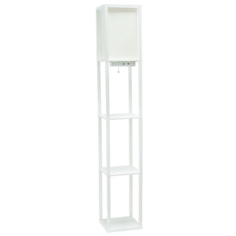 White Wood Floor Lamp with Shelves and Linen Shade