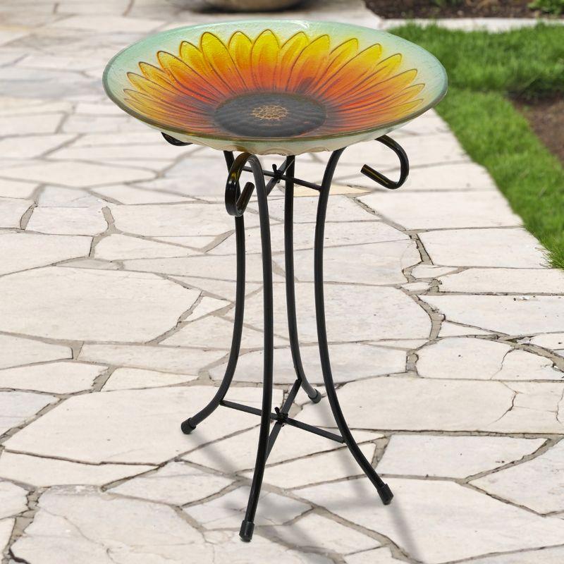 Northlight 20.5" Orange and Yellow Sunflower Glass Bird Bath with Stand