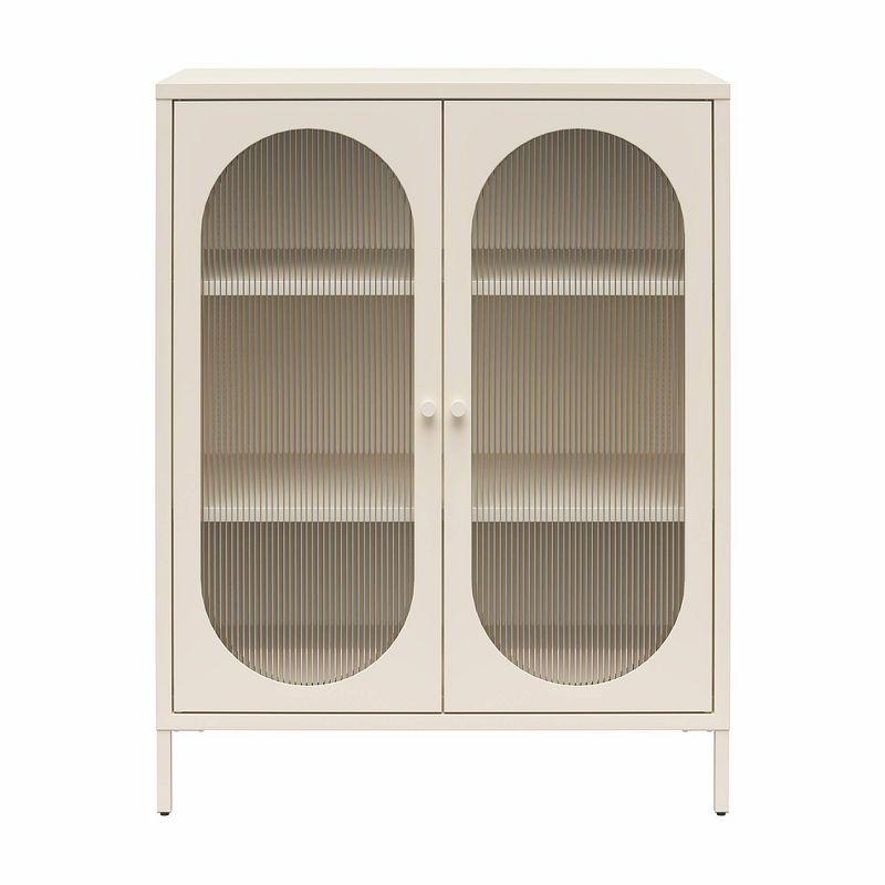 Parchment Metal Accent Cabinet with Fluted Glass Doors