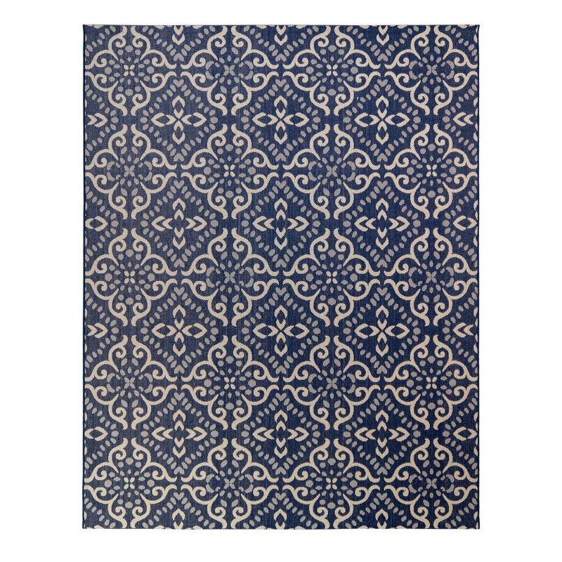 Gertmenian Paseo Powis Transitional Casual Medallion Tile Navy Blue Beige Flatweave Indoor Outdoor Area Rug