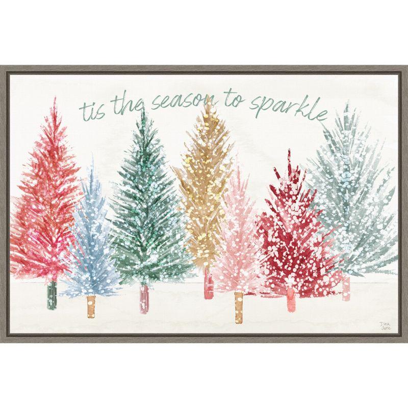 Holiday Sparkle Christmas Trees Canvas Wall Art in Grey Frame