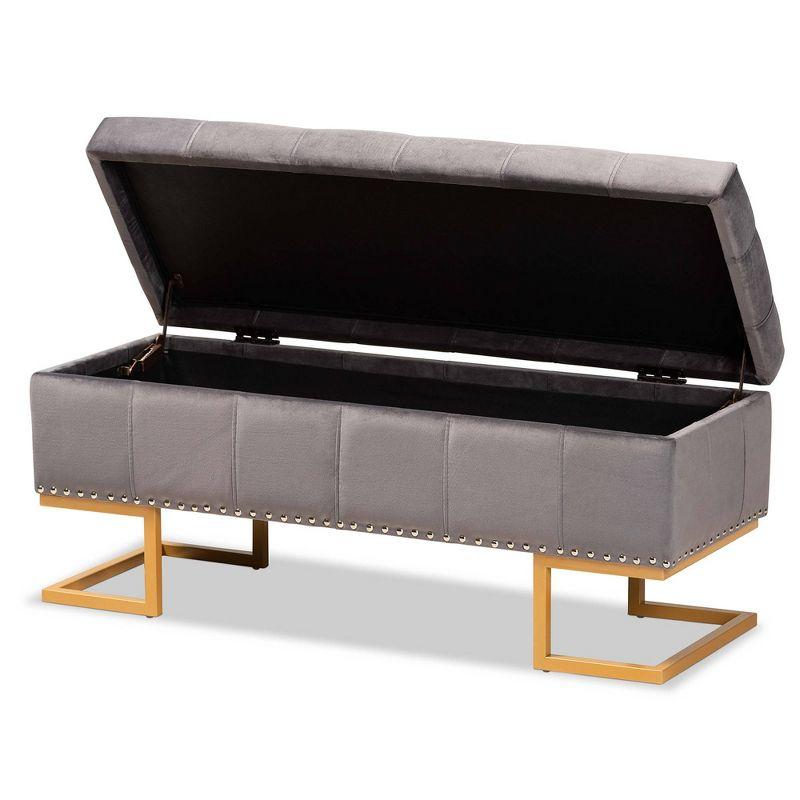 Ellery Grey Velvet Tufted Storage Ottoman with Gold Base