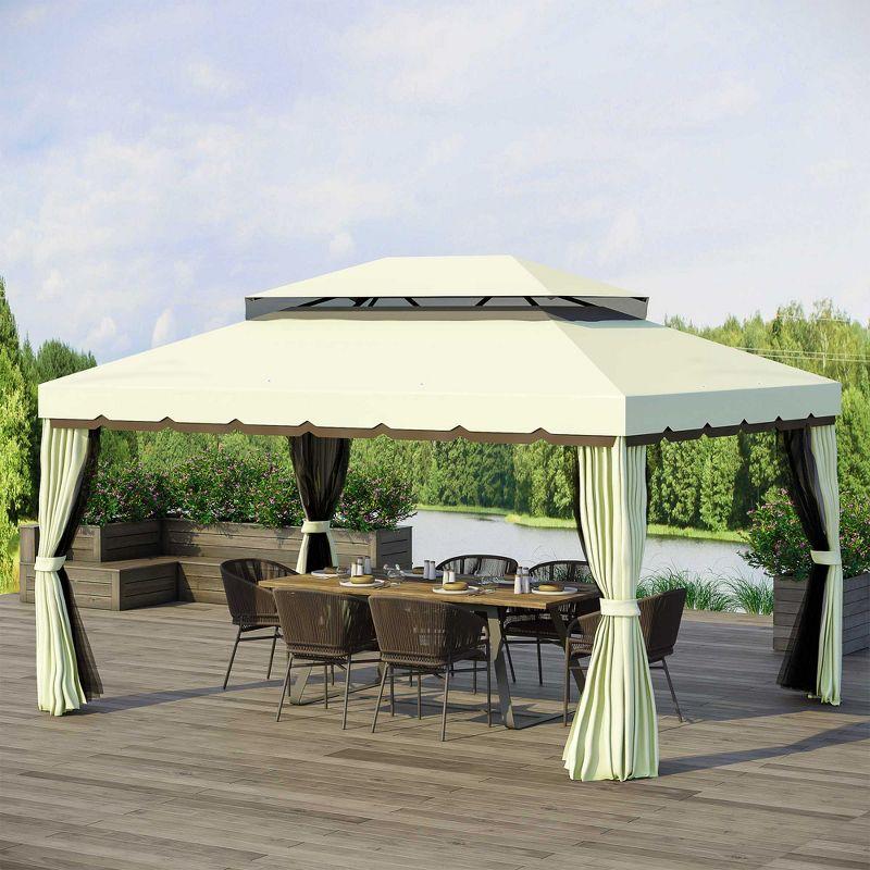 Outsunny 10' x 13' Patio Gazebo, 2-Tier Polyester Roof, Vented Canopy, Mesh, Portable Aluminum Frame for Outdoor, Cream White
