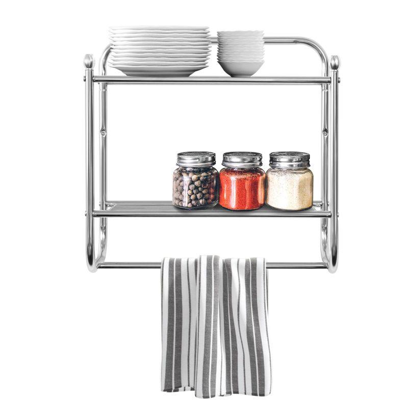 Juvale Wall Mounted 2 Tier Storage Organizer Shelf for Bathroom & Kitchen, Chrome Metal Shower Caddy with Towel Rack