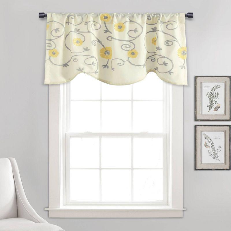 Yellow and Gray Floral Embroidered Scalloped Window Valance