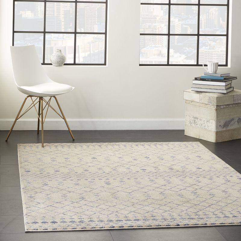 Beige Blue Geometric Hand-knotted Synthetic Rug, 5' x 7'