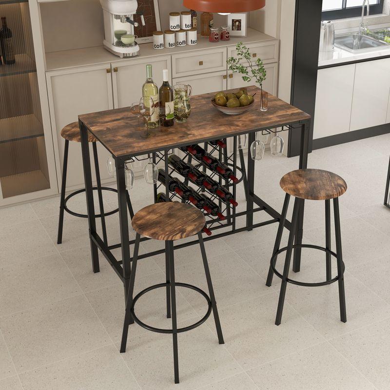 Costway 5PCS Bar Table & Stools Set Industrial Bistro Set with Wine Rack & Glass Holder