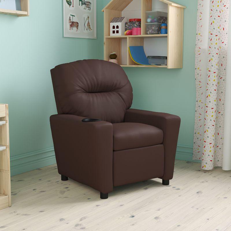 Cozy Brown LeatherSoft Kids Recliner with Built-in Cup Holder