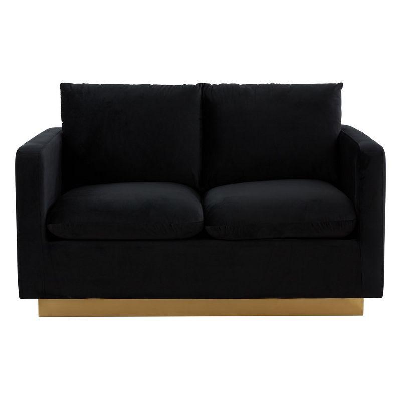 LeisureMod Nervo Mid-Century Modern Upholstered Velvet Loveseat with Gold Frame in Midnight Black