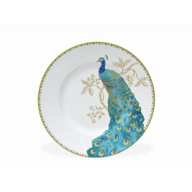 222 Fifth Peacock Garden Porcelain 16pc Dinnerware Set White: Round Dish Set, Service for 4, Bird Pattern, Dishwasher-Safe