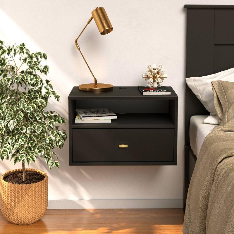 Floating 1 Drawer Nightstand with Open Shelf Black - Prepac: Modern Wall-Mounted Design, Cable Management, Laminated Surface
