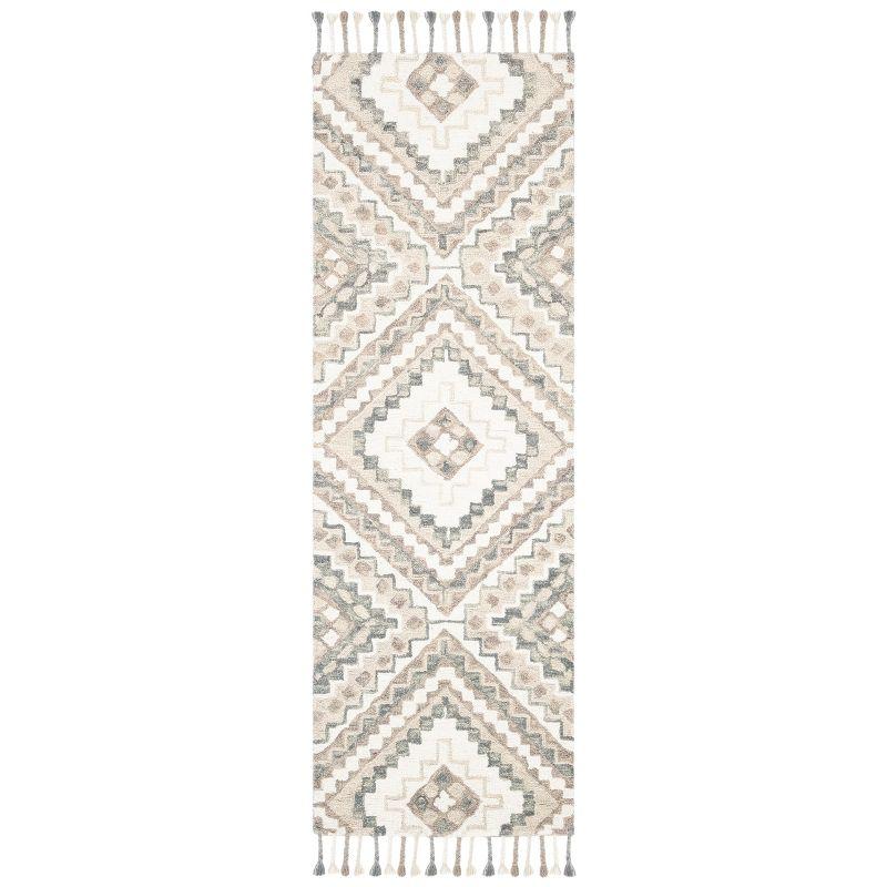 Ivory and Taupe Geometric Wool Runner Rug with Fringe