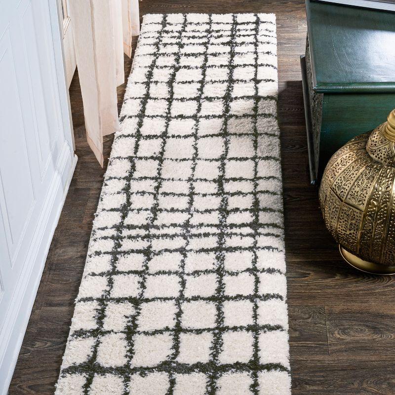 Ivory and Black Moroccan-Inspired Geometric Shag Rug