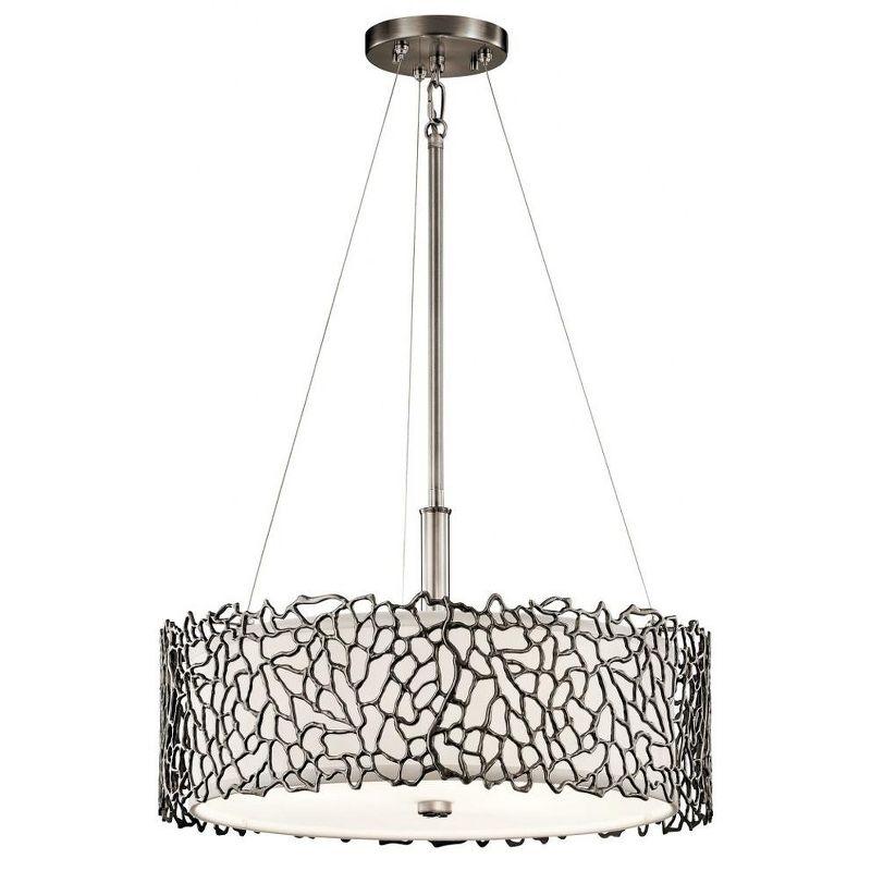 Classic Pewter 3-Light Coral Inspired Pendant with White Drum Shade