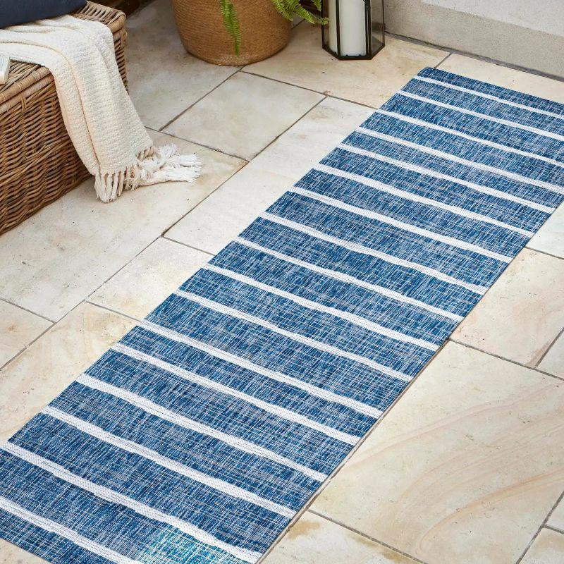 2'x10' Colonia Berber Stripe Indoor/Outdoor Runner Rug, Blue/Ivory - JONATHAN Y