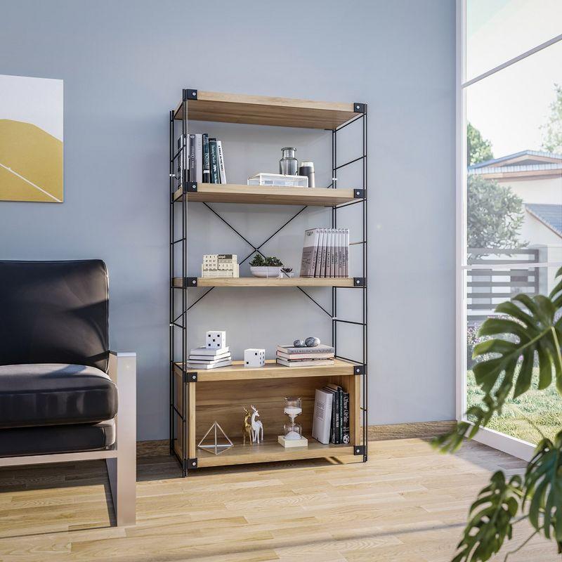 Brentwood Natural Wood and Black Steel 4-Shelf Etagere Bookcase