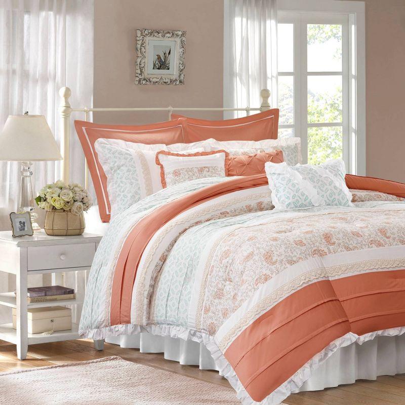 Coral and White Cotton Queen Comforter Set with Floral Print