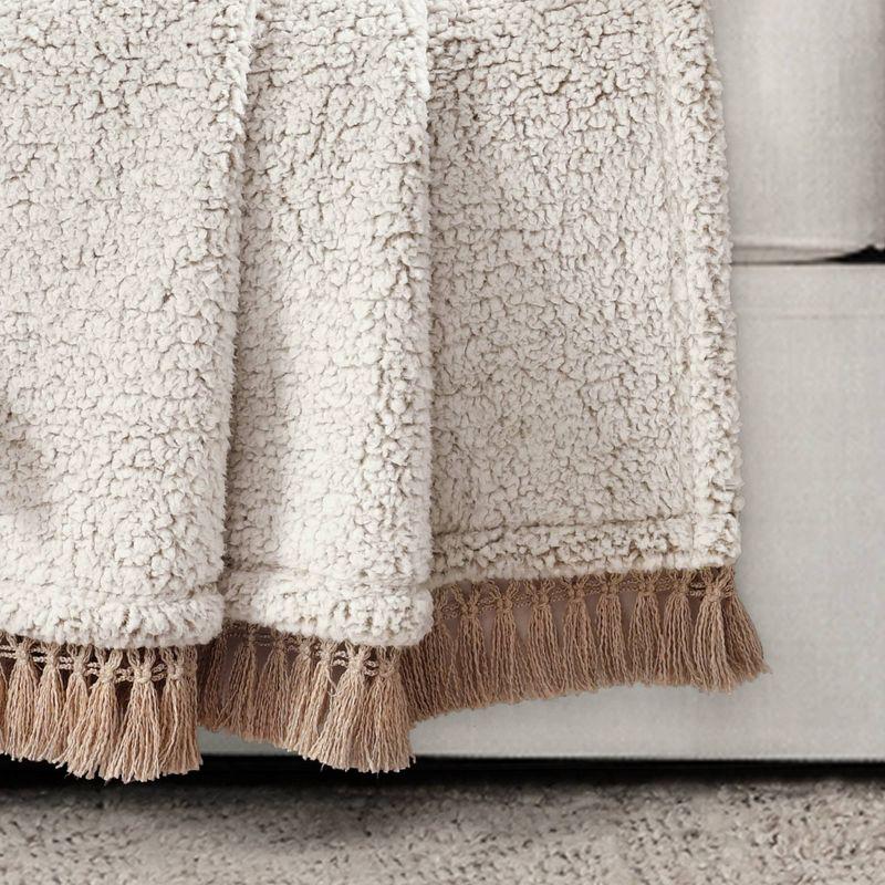 Cozy Sherpa Tassel Fringe Reversible Throw Blanket, 60x50, Neutral