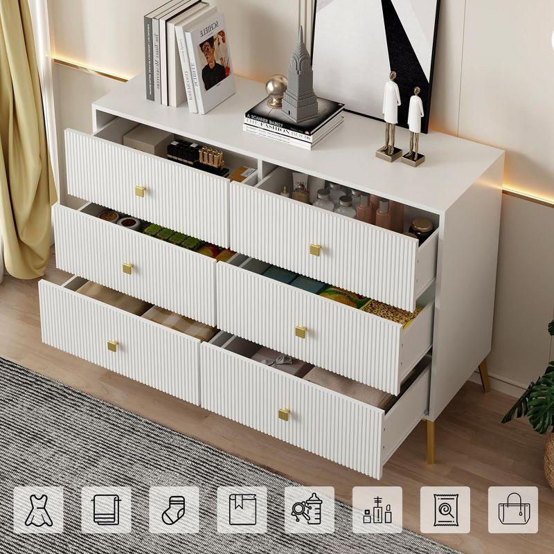 6 Drawer Dresser for Bedroom,Modern Bedroom Dresser,Fluted White and Gold Dresser with Curved Profile Design