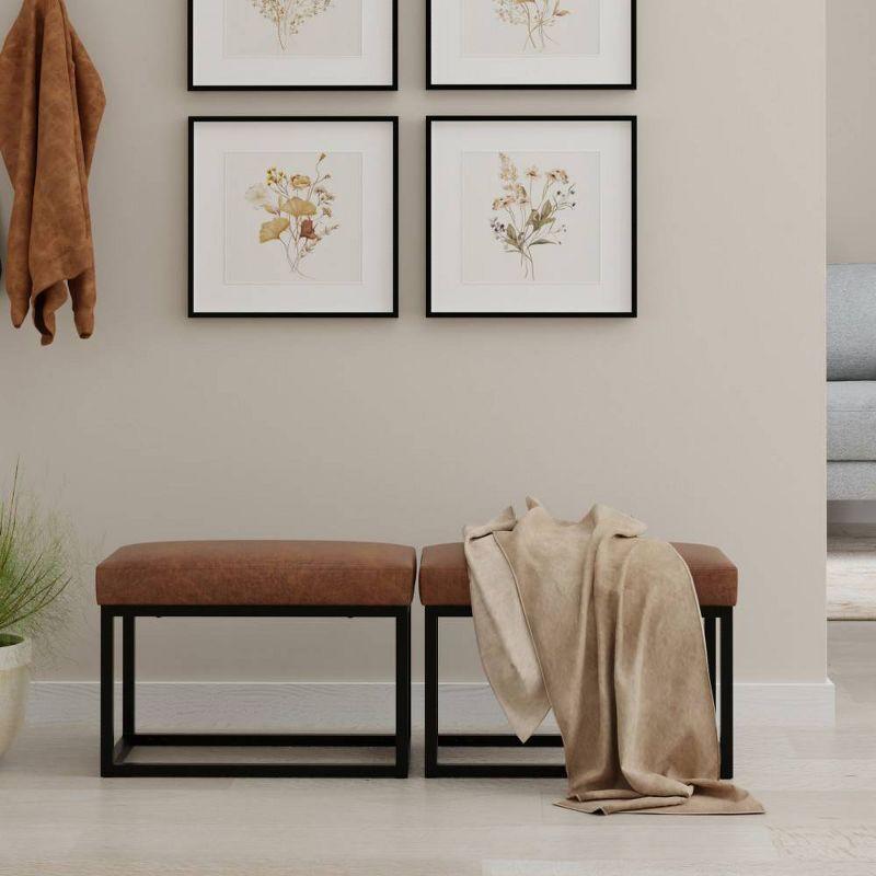 WyndenHall 26" Kerwood Contemporary Rectangle Bench Distressed Saddle Brown: Black Iron Frame, Vegan Faux Leather, Padded Rectangular Seat