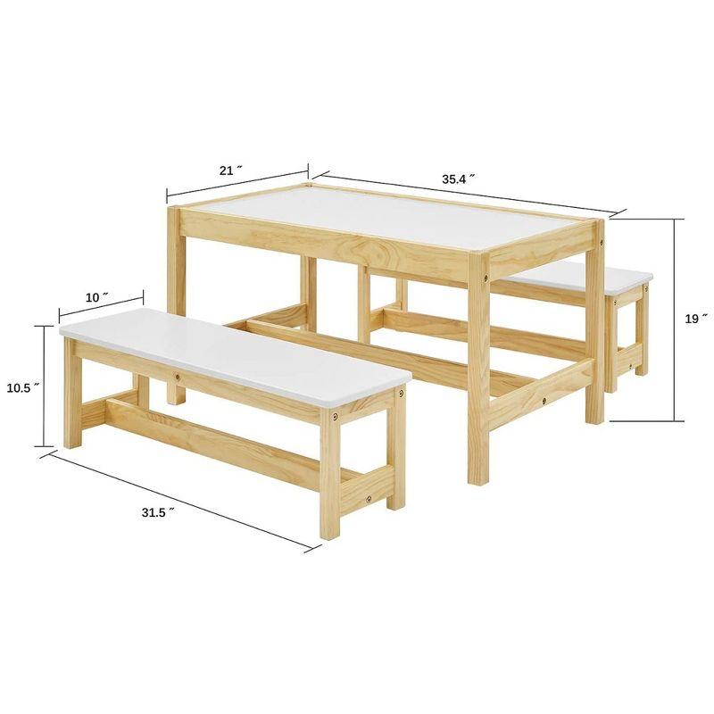 MUSEHOMEINC Solid Wood 3 In 1 Kids Toddlers Activity Play Arts and Crafts Table and Bench Chair Set with Whiteboard Surface for Playroom and School