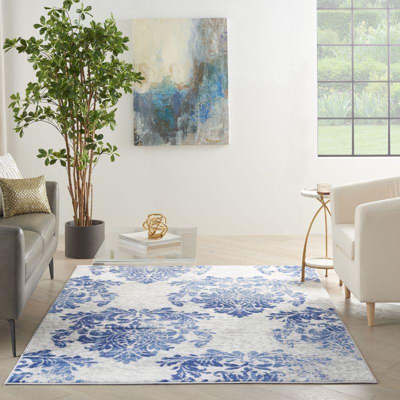 Ivory Navy Floral Damask 6' x 9' Synthetic Reversible Area Rug