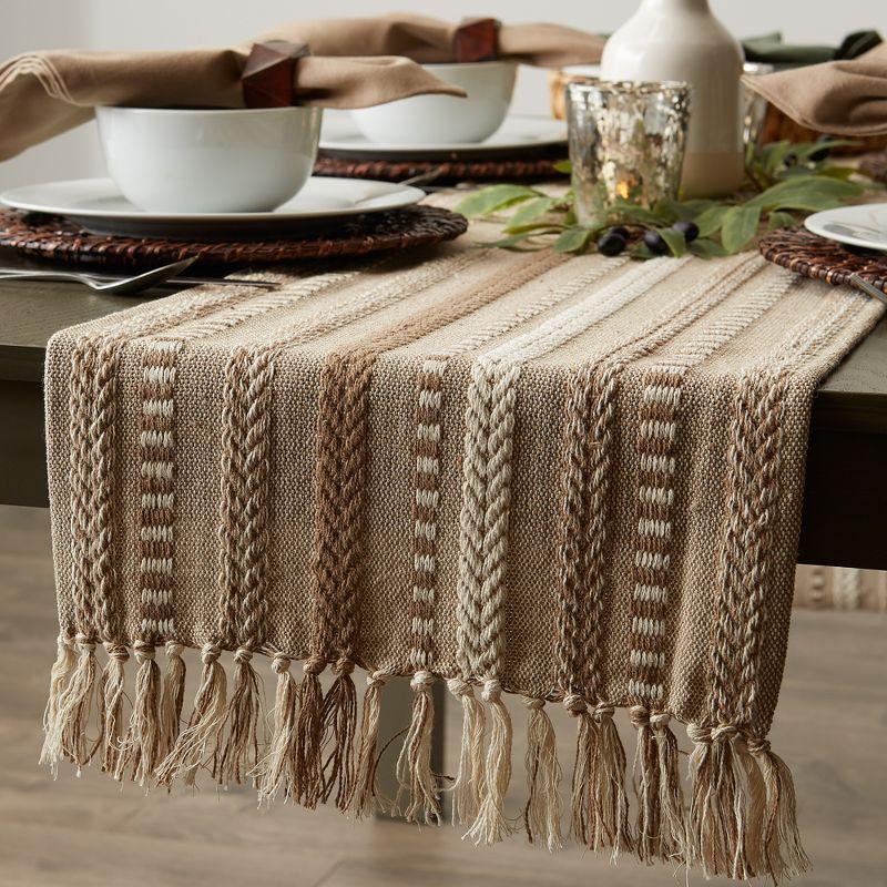 Design Imports  Braided Stripe Jacquard Fringe Table Runner, 15X72", Stone
