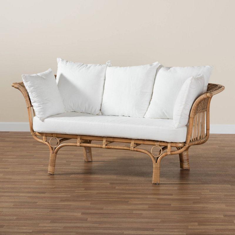 Edana Natural Rattan Sofa with Cushion White/Natural Brown - bali & pari: Bohemian Style, Polyester Upholstery, No Assembly Required