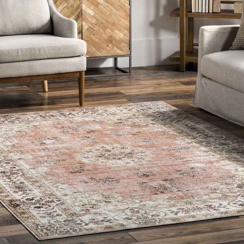 Nuloom Ren Medallion 6 Square Machine Washable Indoor Area Rug for Living Room Bedroom Dining Room Kitchen, Peach/Ivory