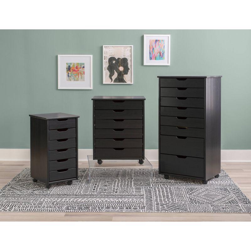 Cary Transitional 6 Drawer Solid Wood Contoured Handle Cut Out Wide Roll Cart Black - Linon: Pine Frame, Farmhouse Style, Portable Storage