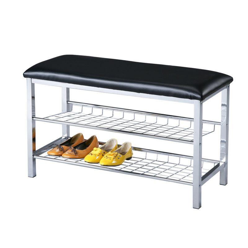 Roundhill Furniture Metal Shoe Bench with Faux Leather Seat, Chrome and Black