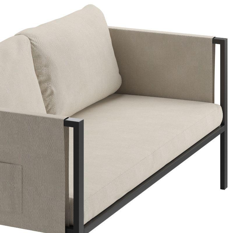 Flash Furniture Lea Indoor/Outdoor Loveseat with Cushions - Modern Steel Framed Chair with Storage Pockets, Black with Beige Cushions