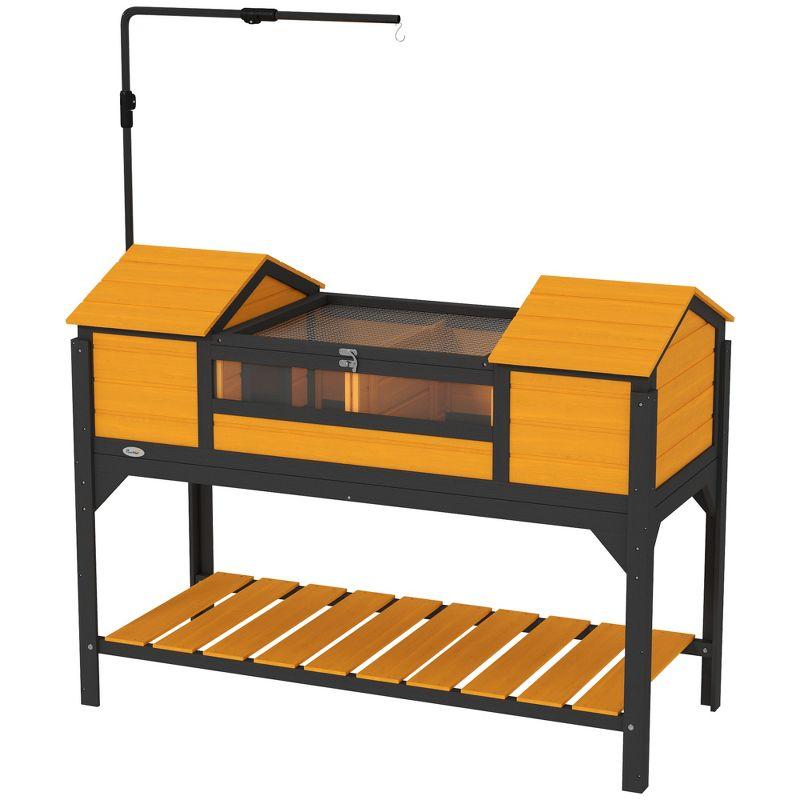 PawHut Tortoise Habitat with Adjustable Lamp Holder, Wooden Tortoise Enclosure with Storage Shelf, Dual Main Houses, Fixed Tray, Openable Lid, Yellow