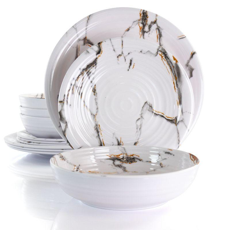 12 Piece White Marble Melamine Dinnerware Set for 4