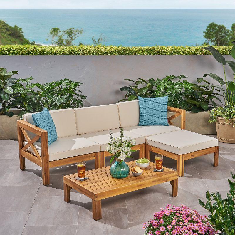 Alcove 5pc Acacia Wood Sofa Set - Teak/Beige - Christopher Knight Home: Weather-Resistant Outdoor Seating with Coffee Table