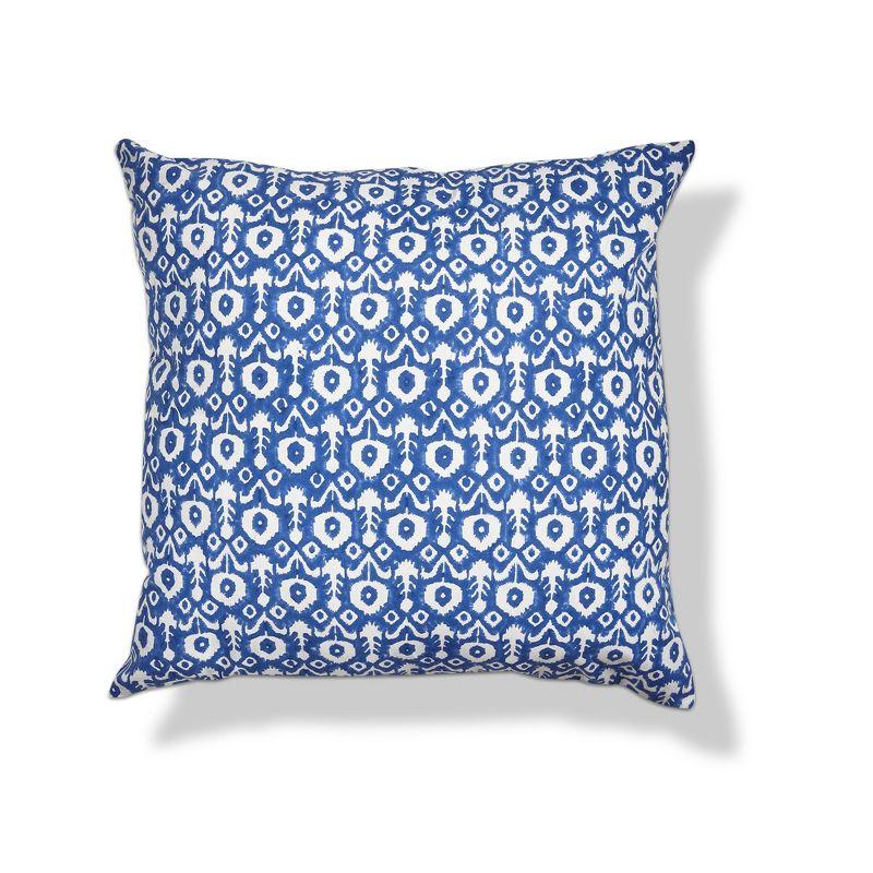 Blue Ikat Flower Block Print Cotton Square Throw Pillow