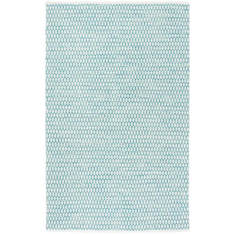 Aqua and Ivory Handwoven Cotton Wool Area Rug, 5' x 8'