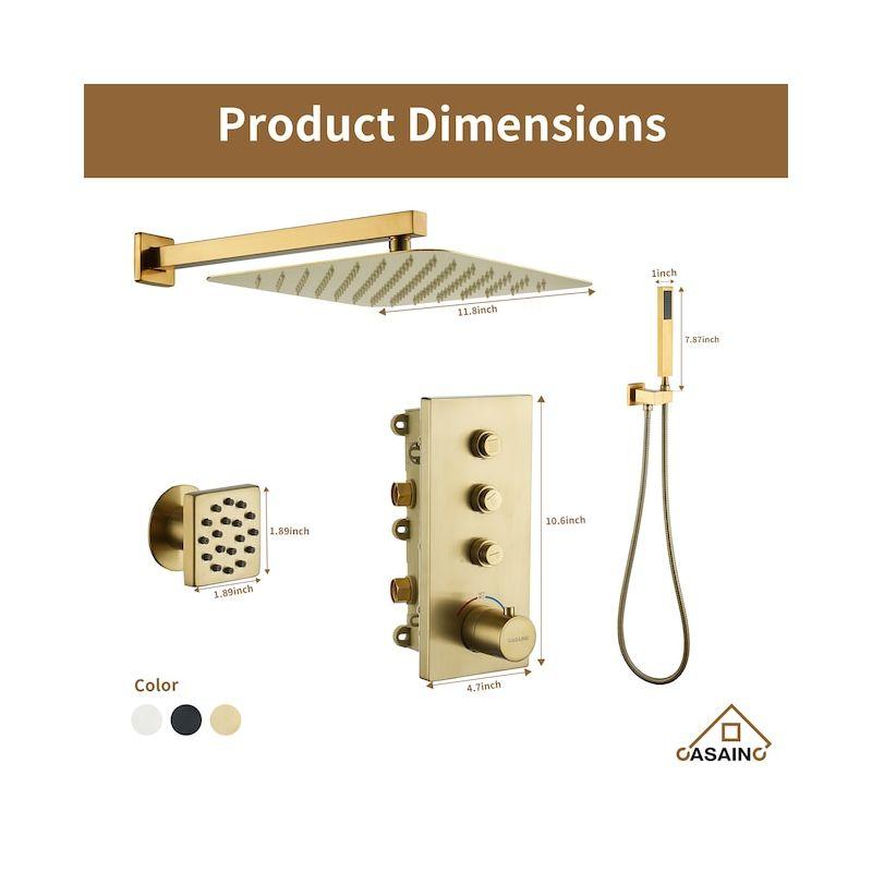 3 Functions 12 Inch Wall Mount Thermostatic Shower System with 6 Body Jets