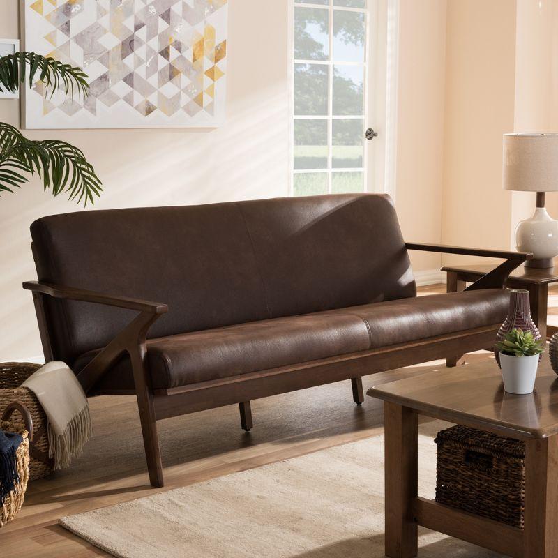 Bianca Mid-Modern Walnut Wood Distressed Faux Leather 3 Seater Sofa Dark Brown - Baxton Studio: Rubberwood Frame, Vintage Style