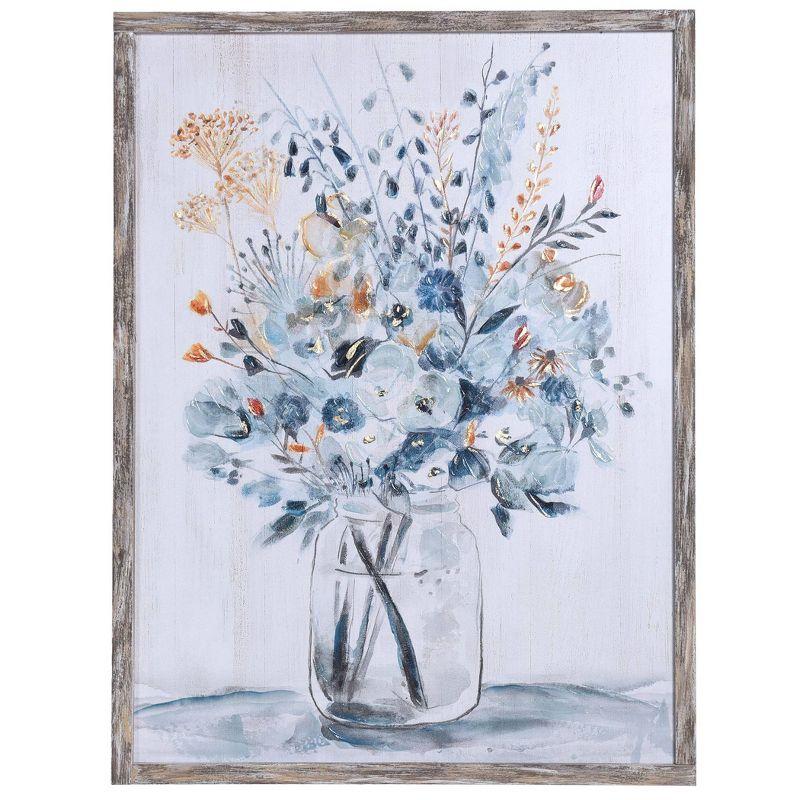 Blue Flower Bouquet Print on Wood with Glass Vase