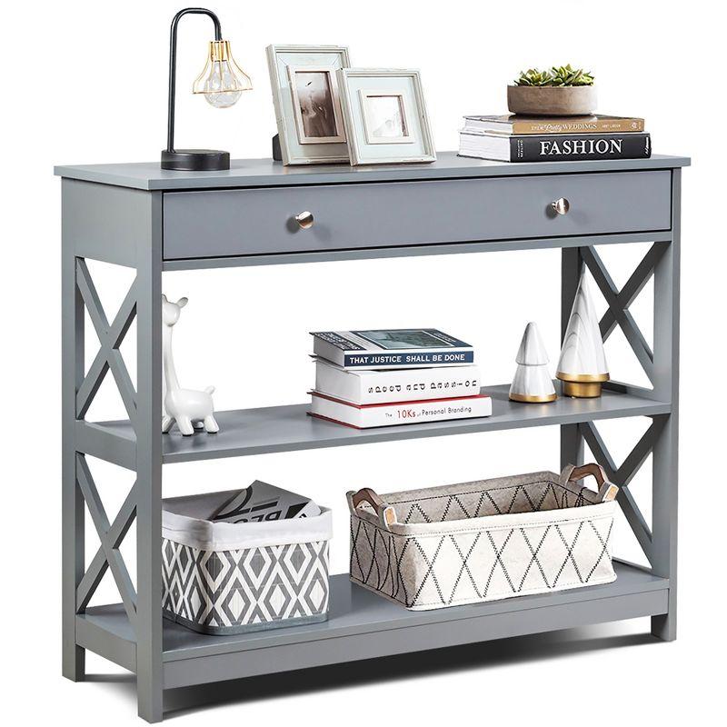 Costway 3-Tier Console Table X-Design Sofa Entryway Table with Drawer & Shelves Gray