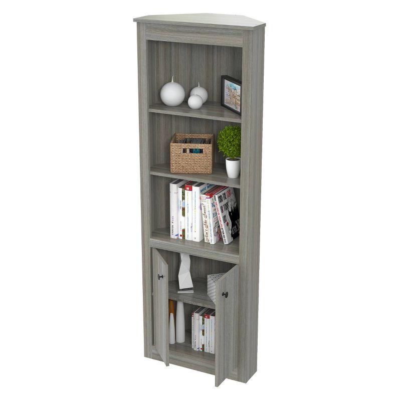 70.02" Corner Bookshelf Gray - Inval: Modern Smoke Oak, 3 Shelves, Double Door Storage