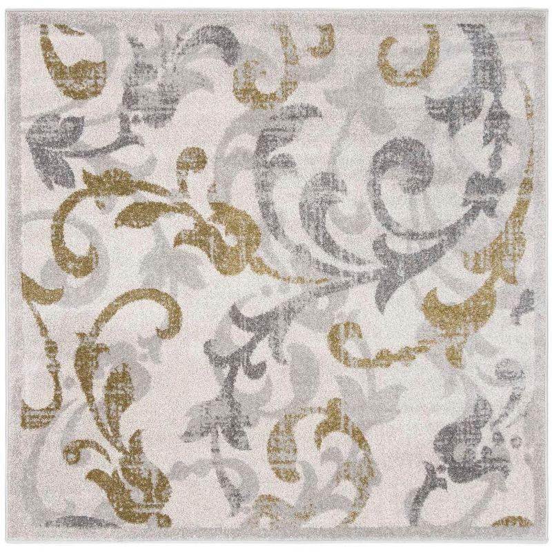 Ivory Light Grey Floral Square Synthetic Easy-Care Rug