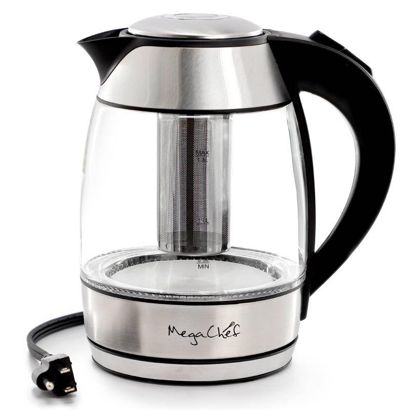 MegaChef 1.8L Glass Body and Stainless Steel Electric Tea Kettle with Tea Infuser Clear/Silver