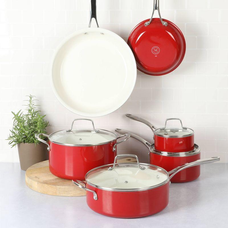 Martha Stewart Lockton 10pc Ceramic Interior Cookware Set Red: Skillets, Sauce & Fry Pans, Smooth Surface Compatible