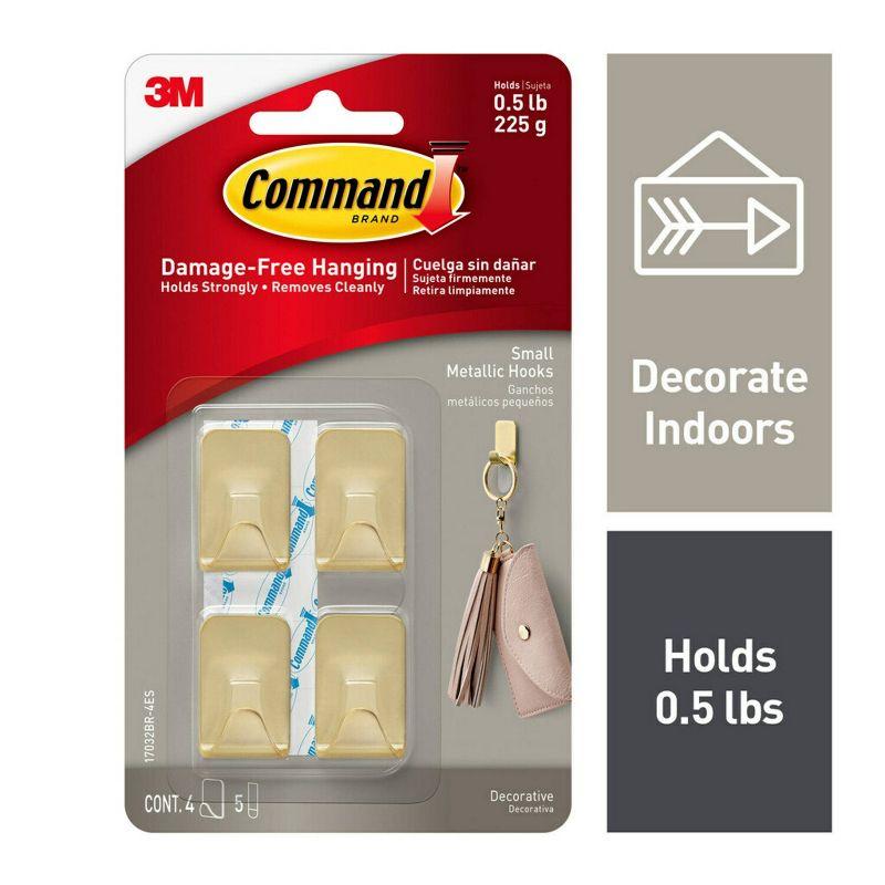 Command Small Sized Metallic Decorative Hooks Brass: Gold Wall Hooks, 0.5 lb Capacity, 4 Pack