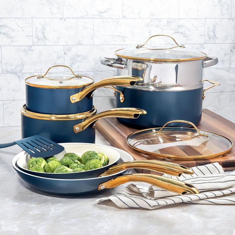 Gotham Steel Cream/Navy 15 pc Nonstick Cookware Set